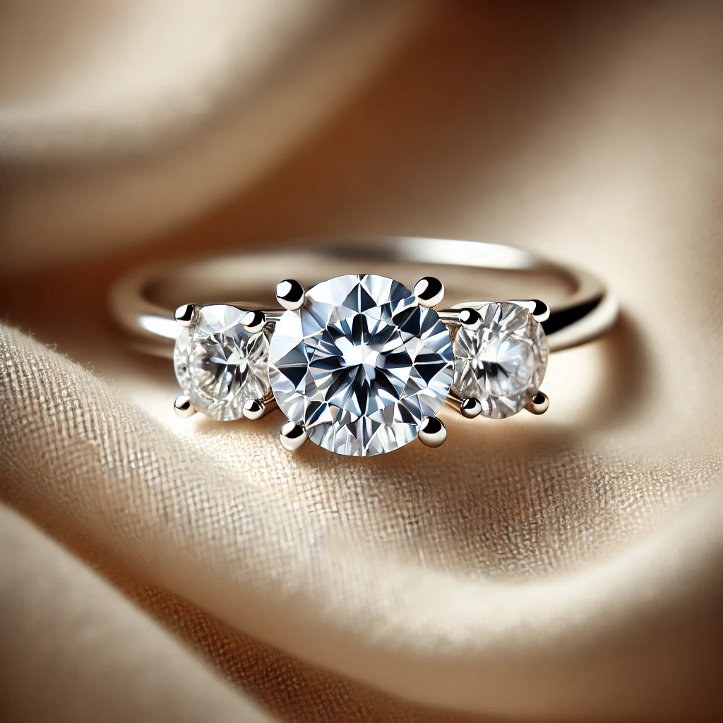 Bague trilogie diamant en or blanc sur fond beige