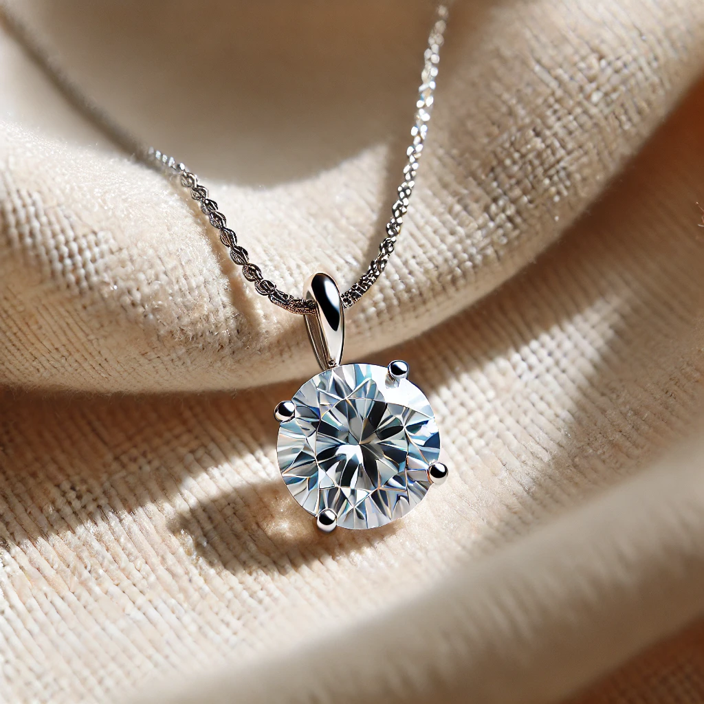 Pendentif diamant sur chaîne en or blanc sur fond crème
